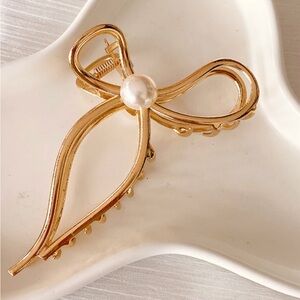 Women Sparkling Rhinestone Bow Hair Claw With Crystal And Pearl Hair Clip